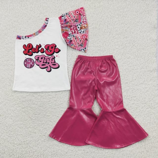 GT0167 P0048 Girls Lets go Lantern Single Sleeve Top Rose Red Flared Leather Pants summer boutique girl set