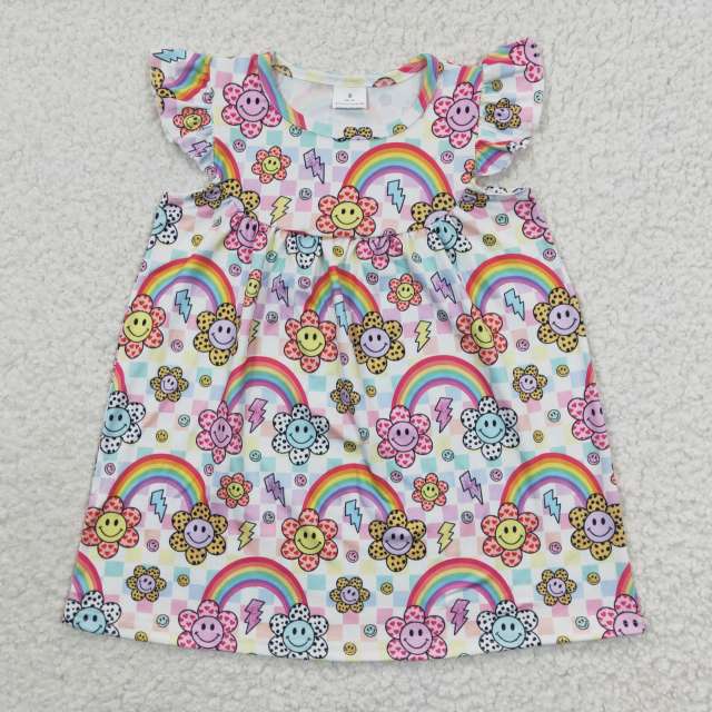GSD0324 Girls Rainbow Smiley Flower Flying Sleeve Summer Dress