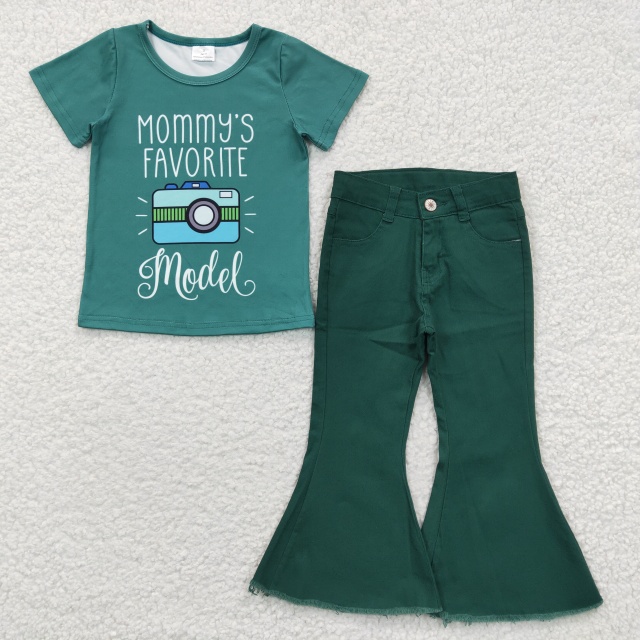 GT0162 	 P0073 Girls FAVORITE Camera Green Short Sleeve Top Green Jeans Summer Outfits