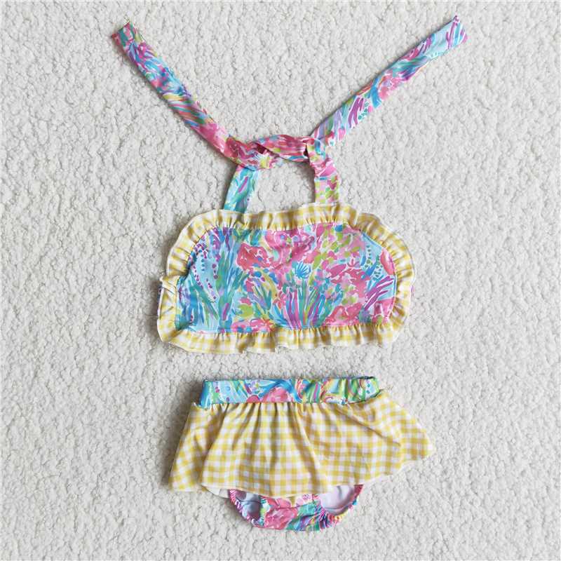 E10-20 Girls Tie-Dye Watercolor Plaid Lace-Up Swimsuit Set