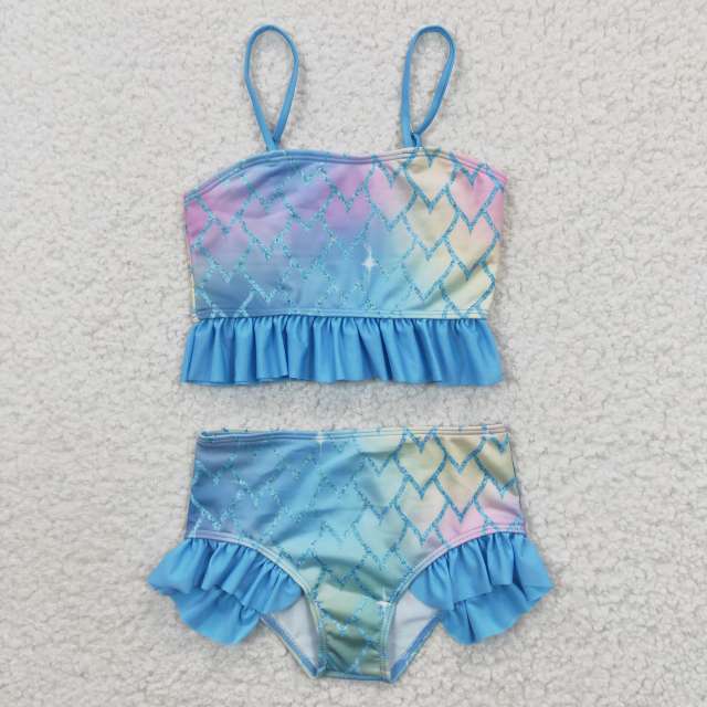 S0061 Girls Summer Clothes Colorful Fish Scale Blue Suspender Jumpsuit Swimsuit Outfits