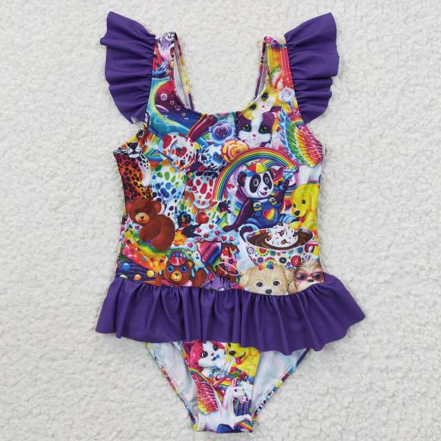 S0041 Girls Summer Clothes LISA FRANK purple flying sleeve jumpsuit Swimsuits Outfits