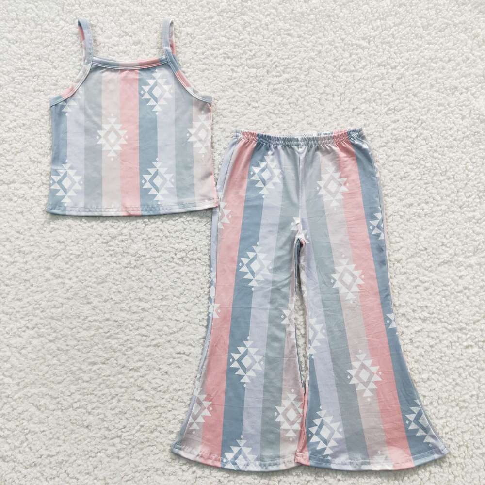 GSPO0528 Girls Geometric Blue Stripe Suspenders Pants Set Summer Suit