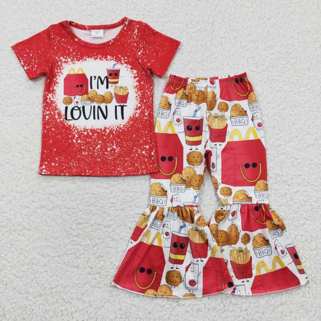 GSPO0549 Girls LOVIN IT Burger French Fries Cola Red Short Sleeve Pants Set Summer Suit