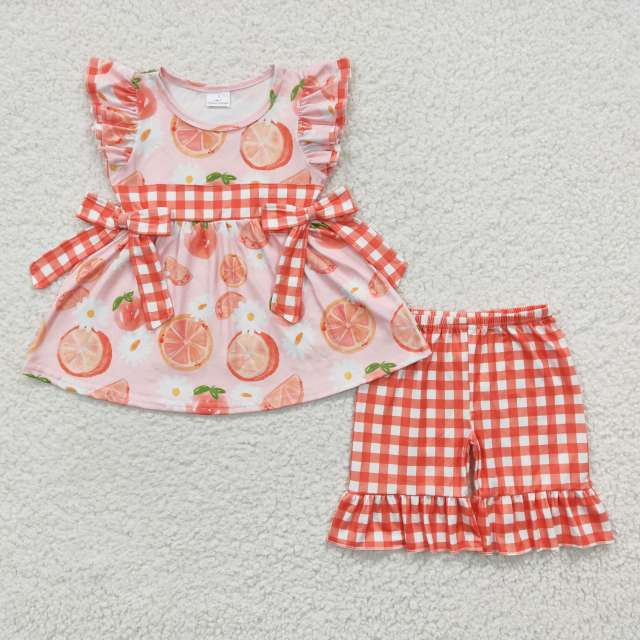 GSSO0239 girls summer clothes fruit orange bow tie flying sleeve shorts set