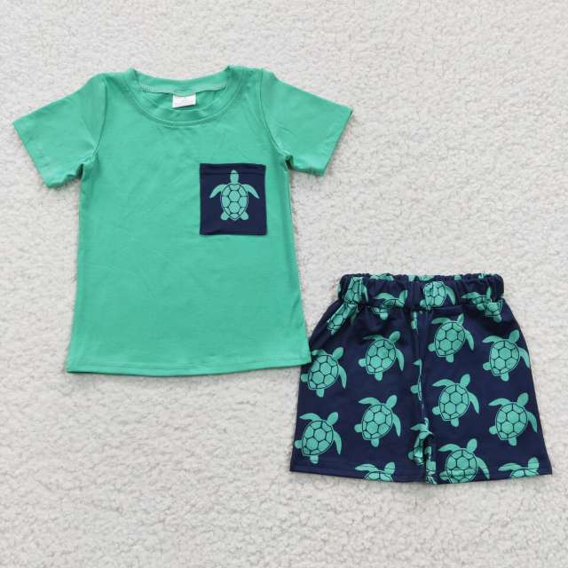 C9-4 Boys summer clothes green turtle pocket Short Sleeve Shorts set summer boutique outfits