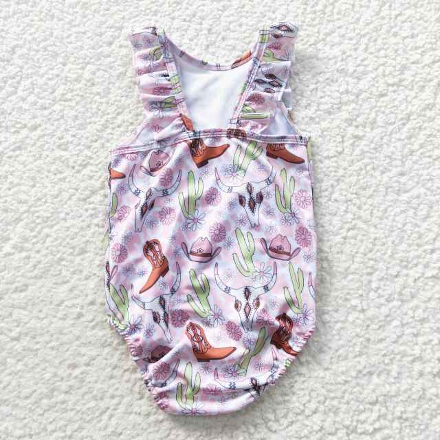 S0111 Girls Summer Clothes Cow Boots Hat Pink Jumpsuit Swimsuits Outfits