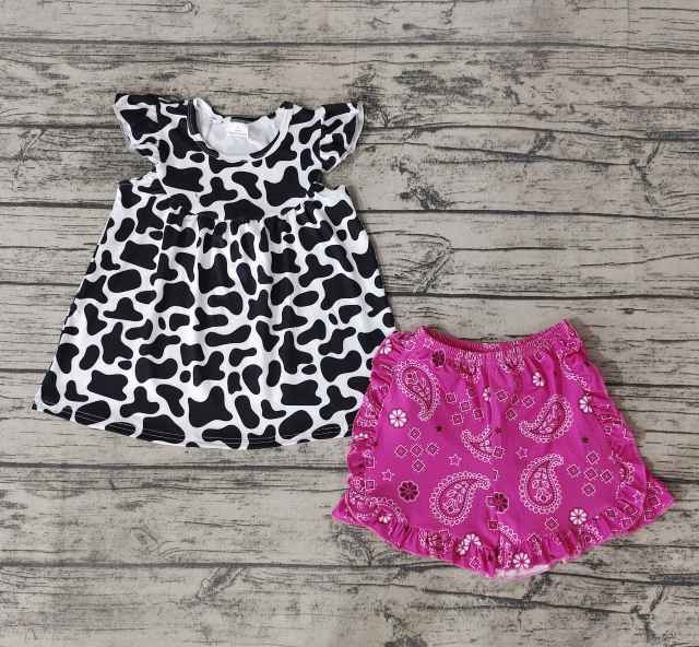 Pre-order girls summer clothes set milk pattern short sleeve rose red shorts outfits