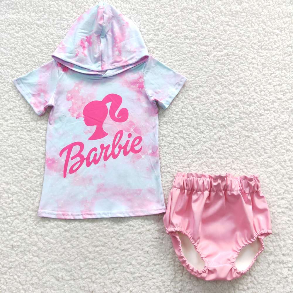 GT0153  SS0050 Girl Barbie Pink Hooded Short Sleeve Top Bright Leather Pink Briefs Set