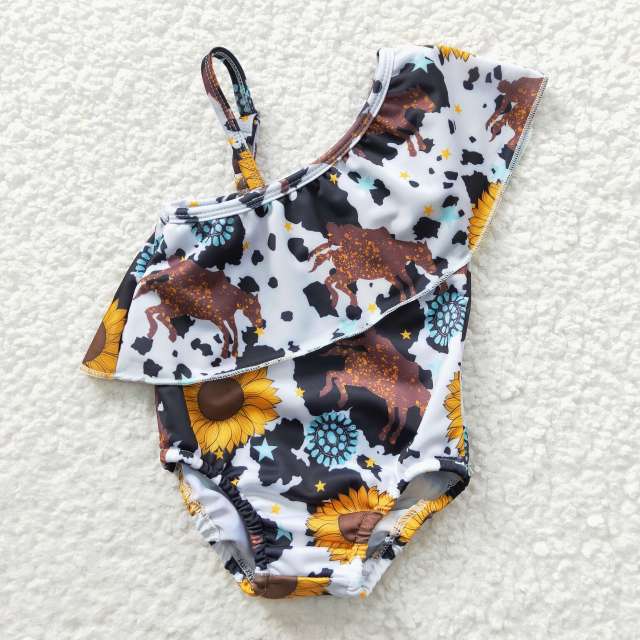 S0045 Girls Summer Clothes Sunflower Gem One Piece Jumpsuit Swimsuits Outfits