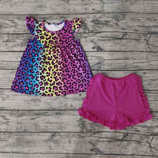 Pre-order girls summer clothes set color leopard flying sleeve rose red shorts outfits