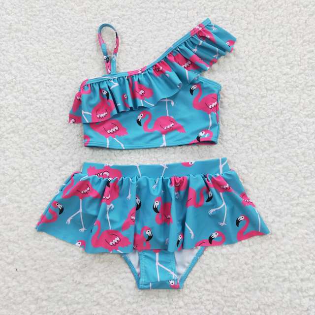 S0087 Girls Summer Clothes Girls Flamingo Blue Jumpsuit Swimsuit Outfits