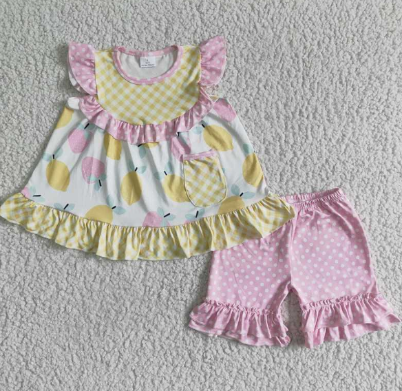 GSSO0073 Girls Yellow Lemon Strawberry Flying Sleeve Top Pink Lace Shorts Set