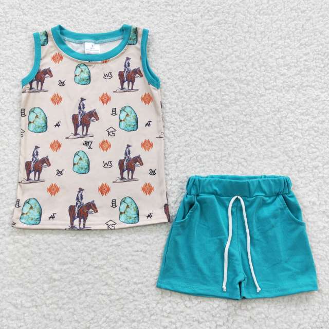 BSSO0208 Boys summer clothes Riding Symbol Green Sleeveless Shorts Set summer boutique outfits