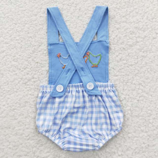 SR0286 Boys Embroidered Rooster Blue Plaid Tank Top Onesie Jumpsuit Romper