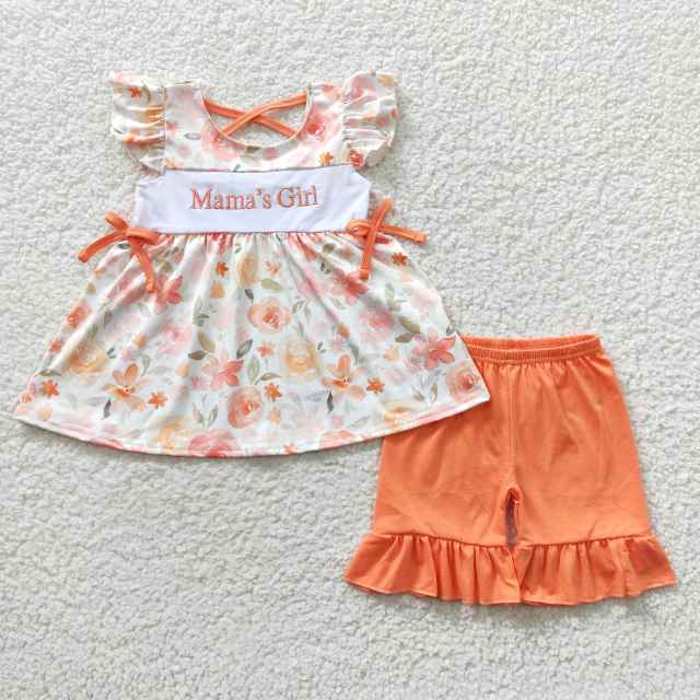 GSSO0235  Girls Embroidery Mamas Girl Orange Flying Sleeve Top Shorts Set