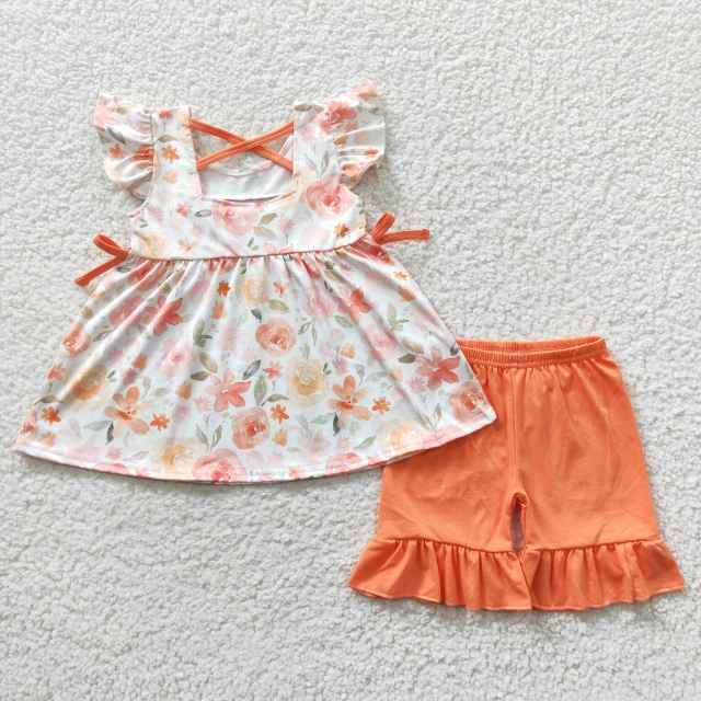GSSO0235  Girls Embroidery Mamas Girl Orange Flying Sleeve Top Shorts Set