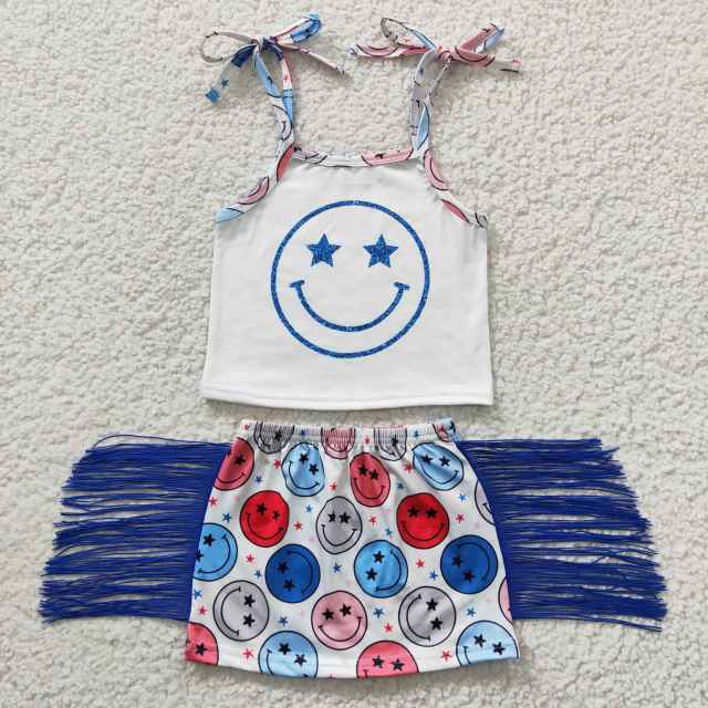 GSD0325  Girls Smiley Sling Blue Tassel Skirt Set