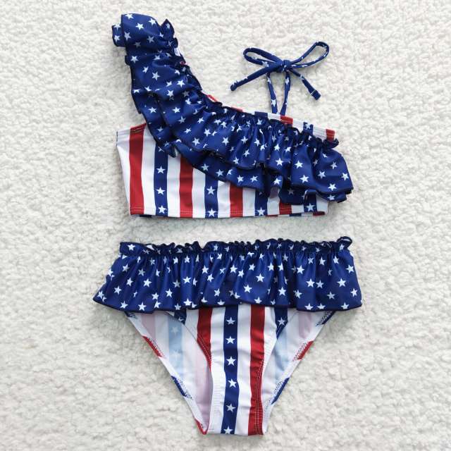 S0042  Girls Summer Clothes National Day Stars Stripe Swimsuit Outfits