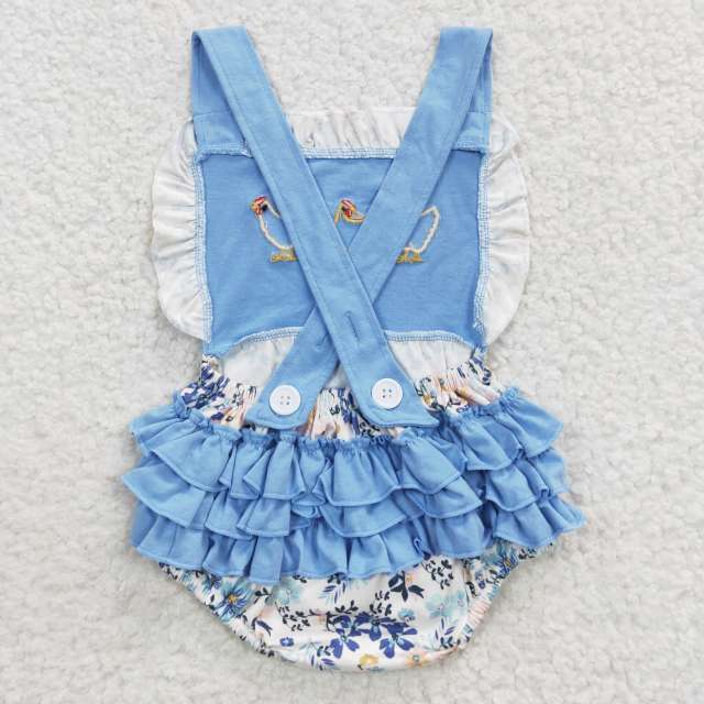 SR0285 Girls Embroidered Flower Rooster Blue Plaid Tank Top Onesie Jumpsuit Romper