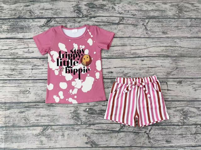 Pre-order boys summer clothes set little hippie smiley pink short sleeve vertical stripes shorts outfits