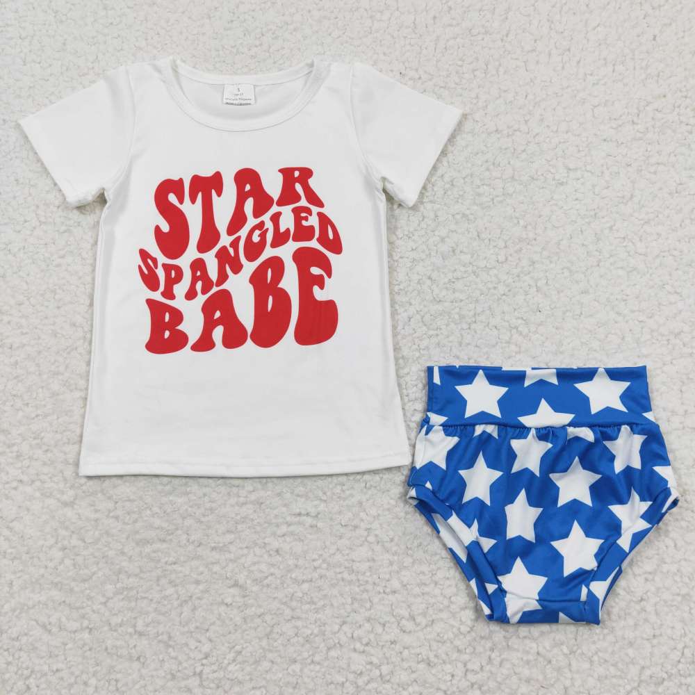 GBO0101 Girls STAR Blue Stars Short Sleeve Brief Set Summer Set