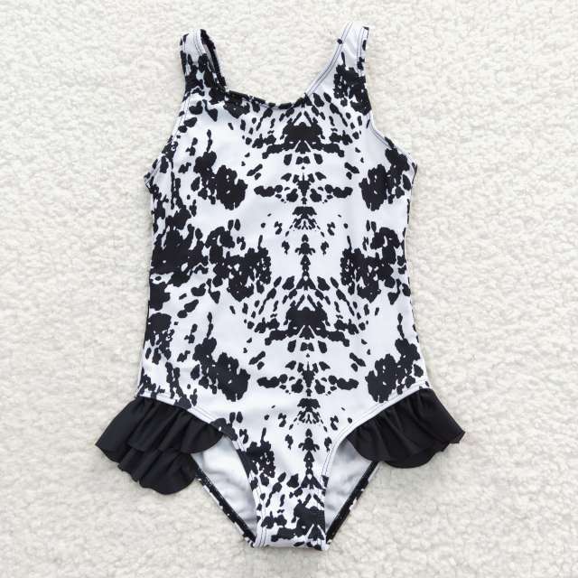 S0124  Girls Summer Clothes Black White Ink Pattern Jumpsuit Swimsuit Outfits