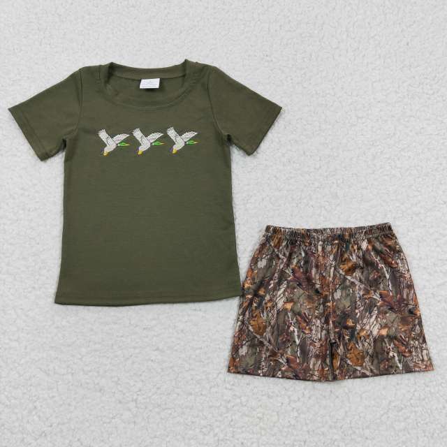 BSSO0238 Boys Embroidered Three Rice Ducks Green Short Sleeves Shorts Set summer boutique outfits