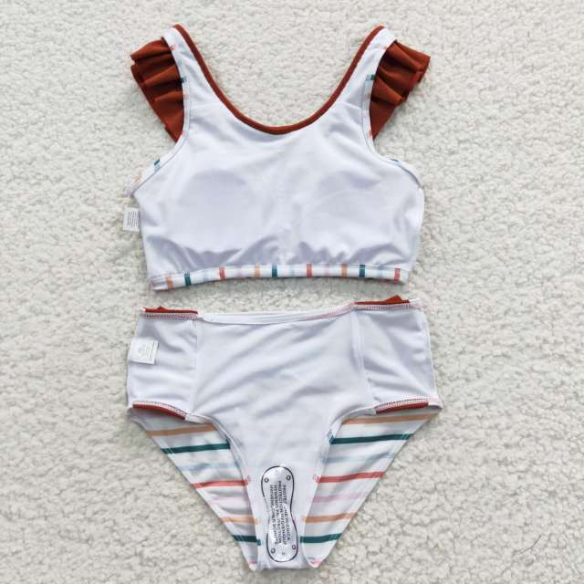 S0082 Girls Summer Clothes Colorful Stripe Brown Swimsuit Outfits