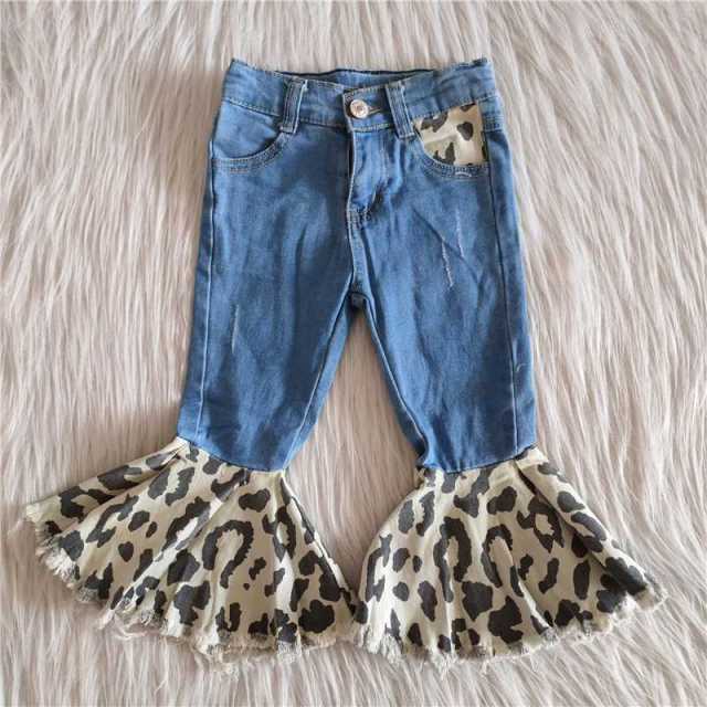 C14-21 Girls Sky Blue Leopard Denim Flared Jeans Pants