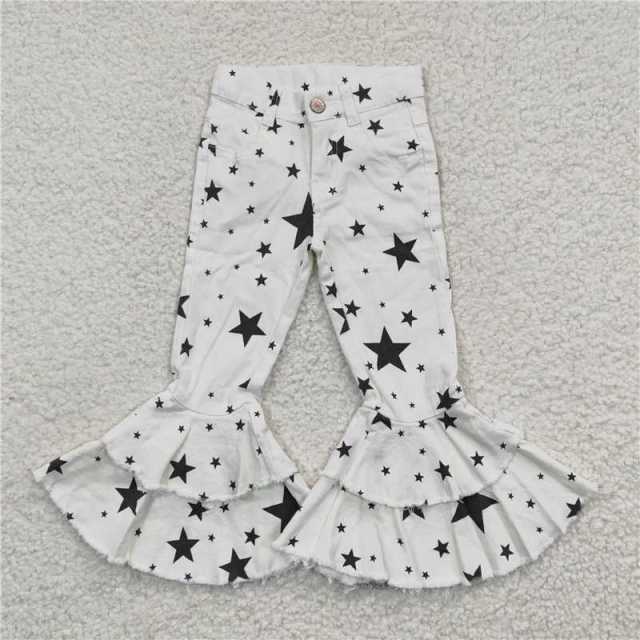 P0068 Girls Black Stars White Denim Jeans Pants