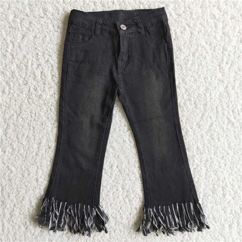 D4-30 Girls Black Tassel Denim Flared Jeans Pants