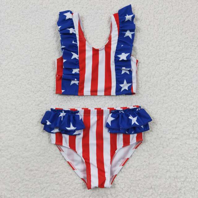 S0090  Girls Summer Clothes National Day Stars Stripe Lace Swimsuit Outfits