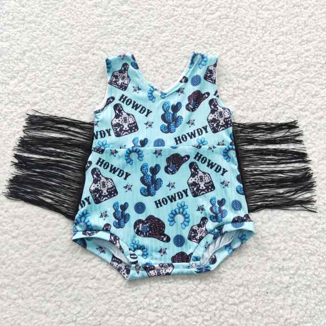 SR0323 Girls HOWDY Catcus Vest Tassel Jumpsuit Summer Boutique Swimsuit