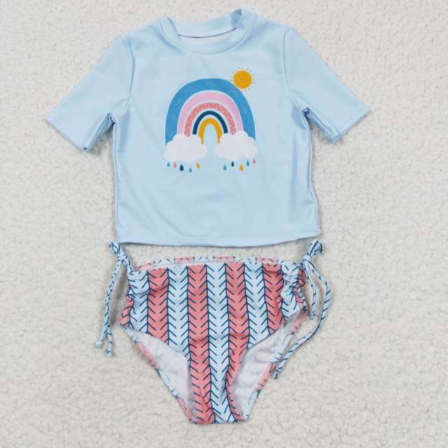 S0115  Girls Summer Clothes Rainbow Sun White Short Sleeve Swimsuit Outfits