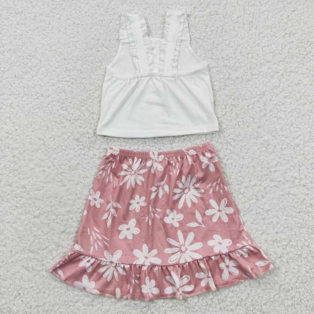 GSD0270  Girls White Vest Floral Pink Skirt Set summer boutique outfits