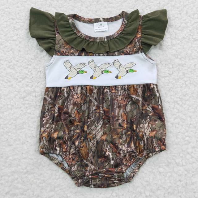 SR0358 Girls Embroidery Three Rices Ducks Green Flying Sleeve Jumpsuit Summer Boutique Romper