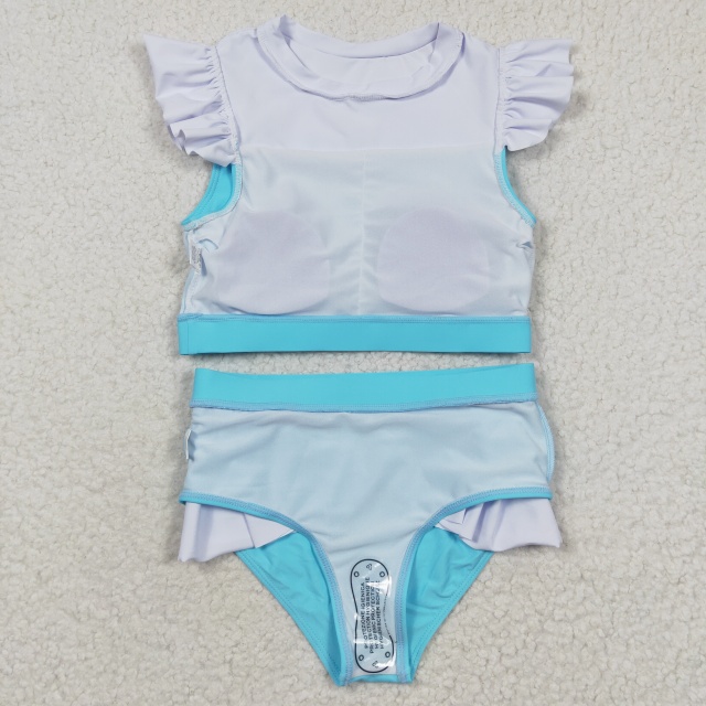 S0132  Girls Summer Clothes Blue Flying Sleeve Swimsuit Outfits