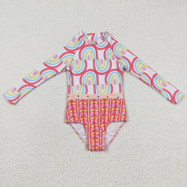 S0116 Girls Rainbow Pink Long Sleeve One-Piece Swimsuit Set