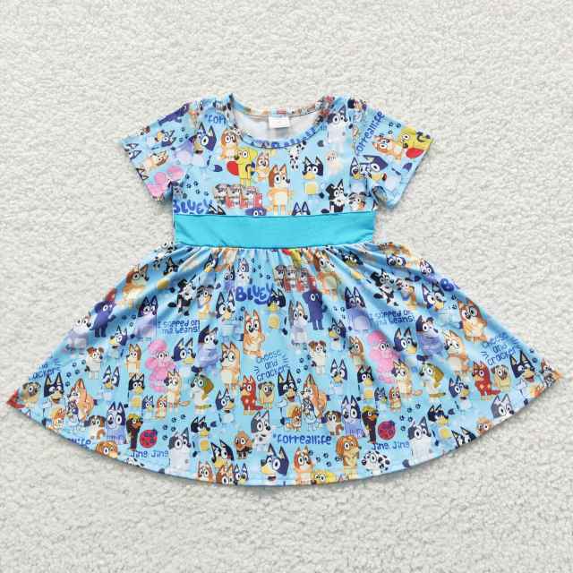 B7-4 Bluey Light Blue Cartoon Dog Short Sleeve Dress