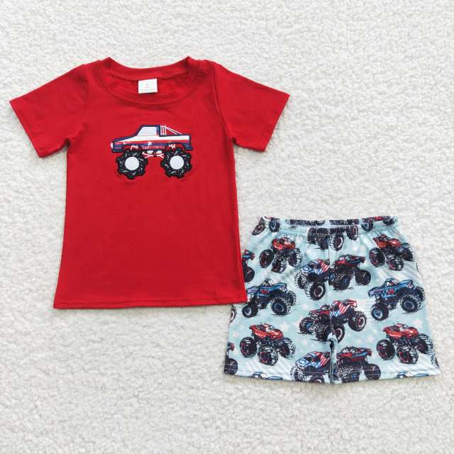 BSSO0185 Boys Embroidered National Day Buggy Red Short Sleeves shorts set