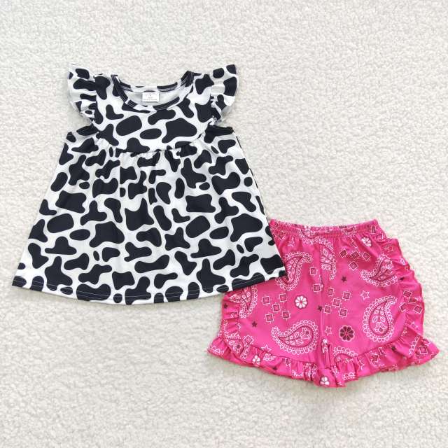 GSSO0300 girl cow pattern flying sleeve rose red shorts set