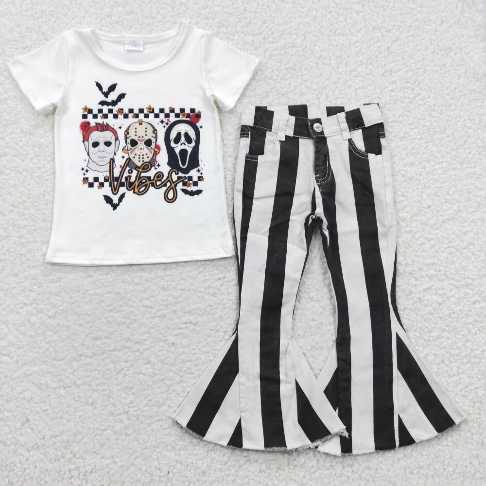 BT0222 Girls FRIEND vibes Short Sleeve Top Black White Stripe Demin Jeans Summer Outfits