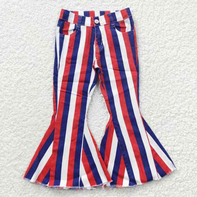 P0105  Girls National Day Red Blue Stripe Denim Flared Jeans Pants