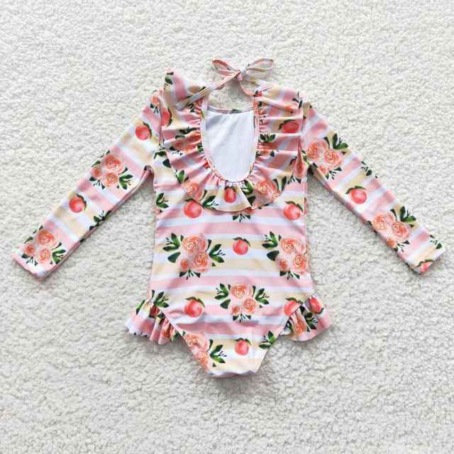 S0139 Girls Peaches Flower Pink Long Sleeve Jumpsuit Swimsuit