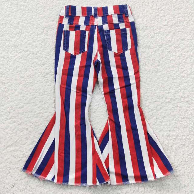 P0105  Girls National Day Red Blue Stripe Denim Flared Jeans Pants