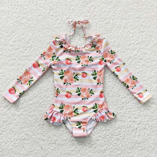 S0139 Girls Peaches Flower Pink Long Sleeve Jumpsuit Swimsuit