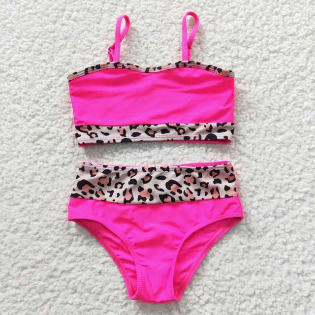 S0138  Girls Summer Clothes Rose Red Leopard Swimsuit Outfits