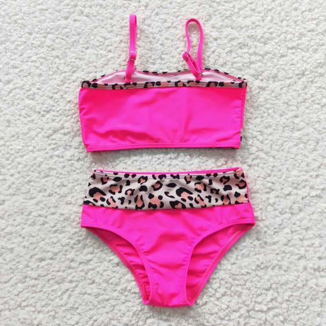 S0138  Girls Summer Clothes Rose Red Leopard Swimsuit Outfits