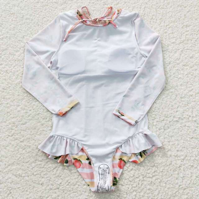 S0139 Girls Peaches Flower Pink Long Sleeve Jumpsuit Swimsuit